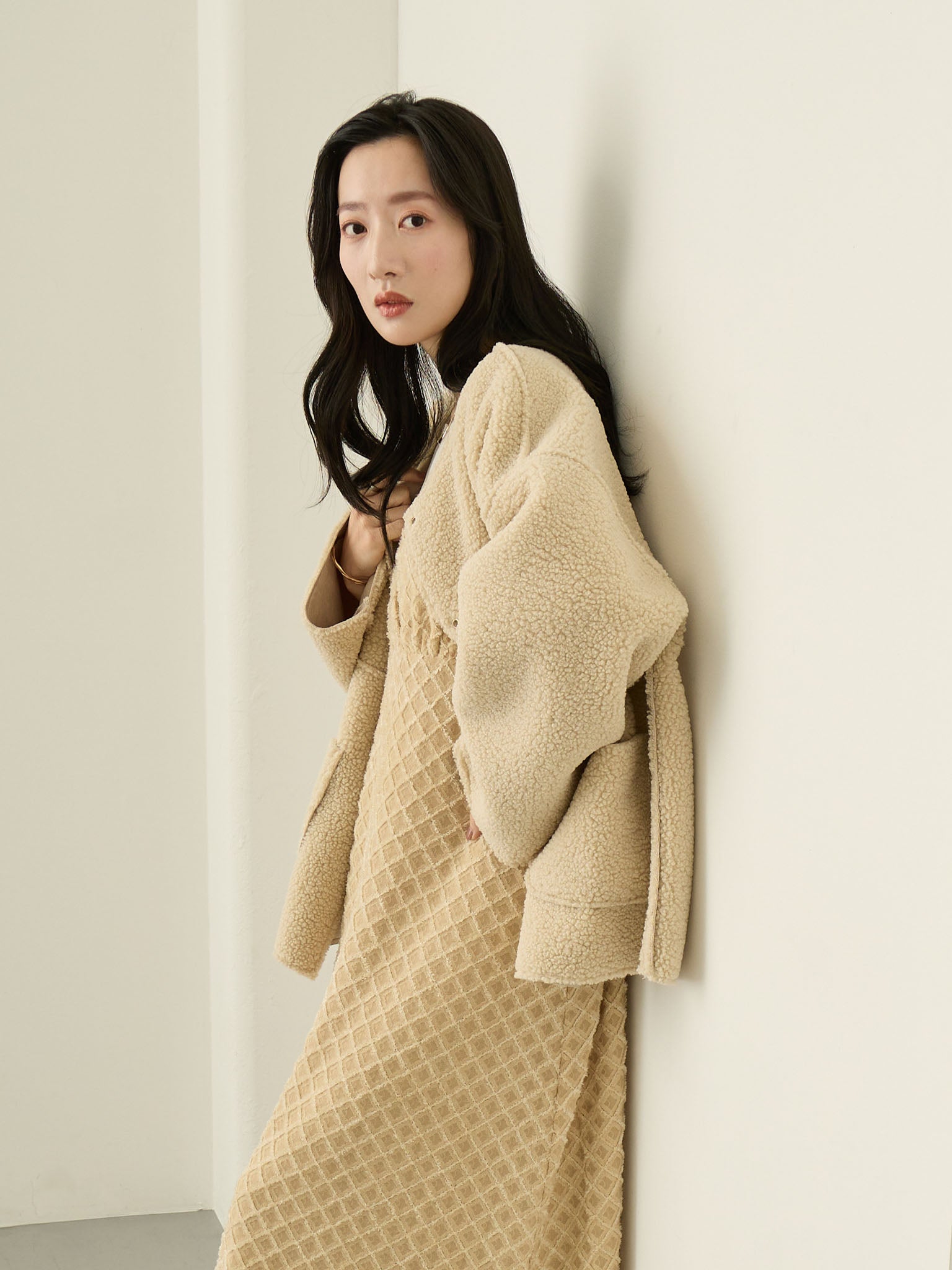 リバーシブルボアダッカー付きジャケット Beige