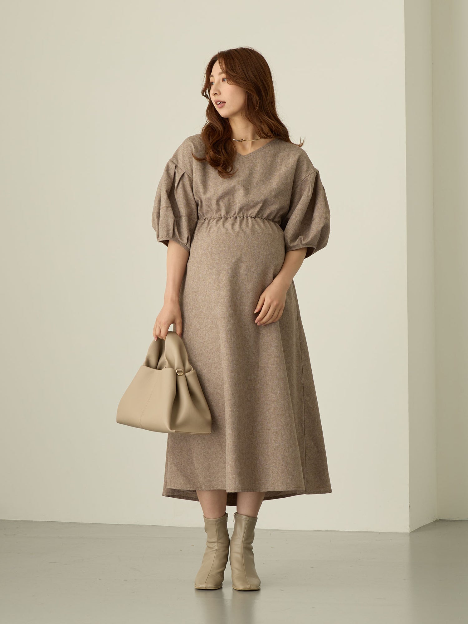 【マタニティ・授乳服】ランタンスリーブワンピース Brown