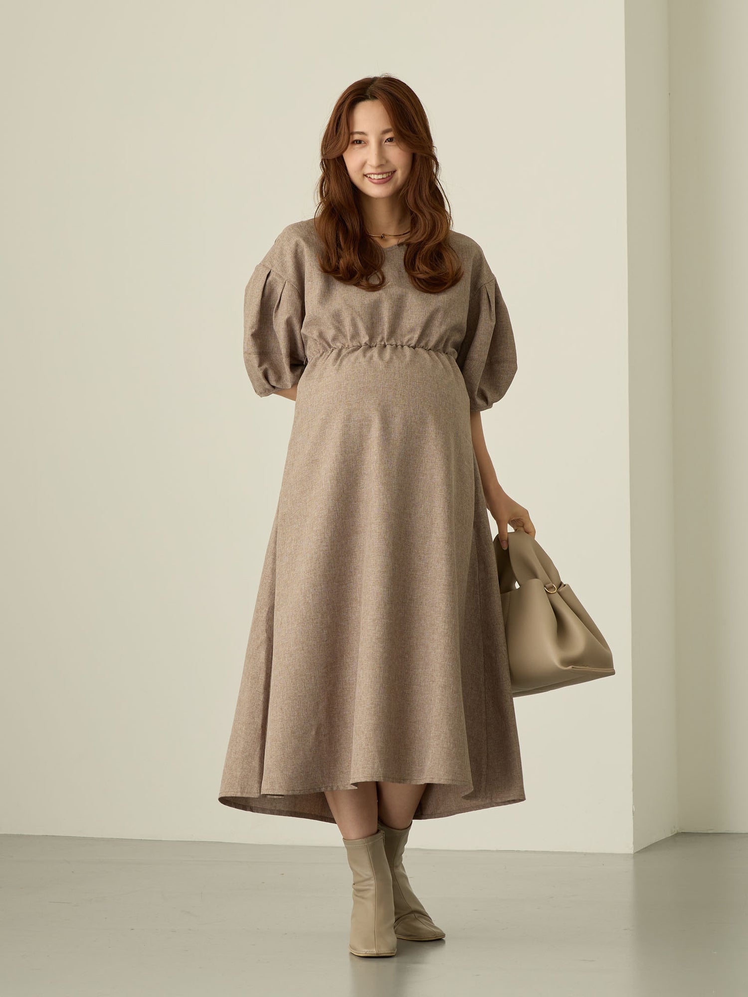 【マタニティ・授乳服】ランタンスリーブワンピース Brown