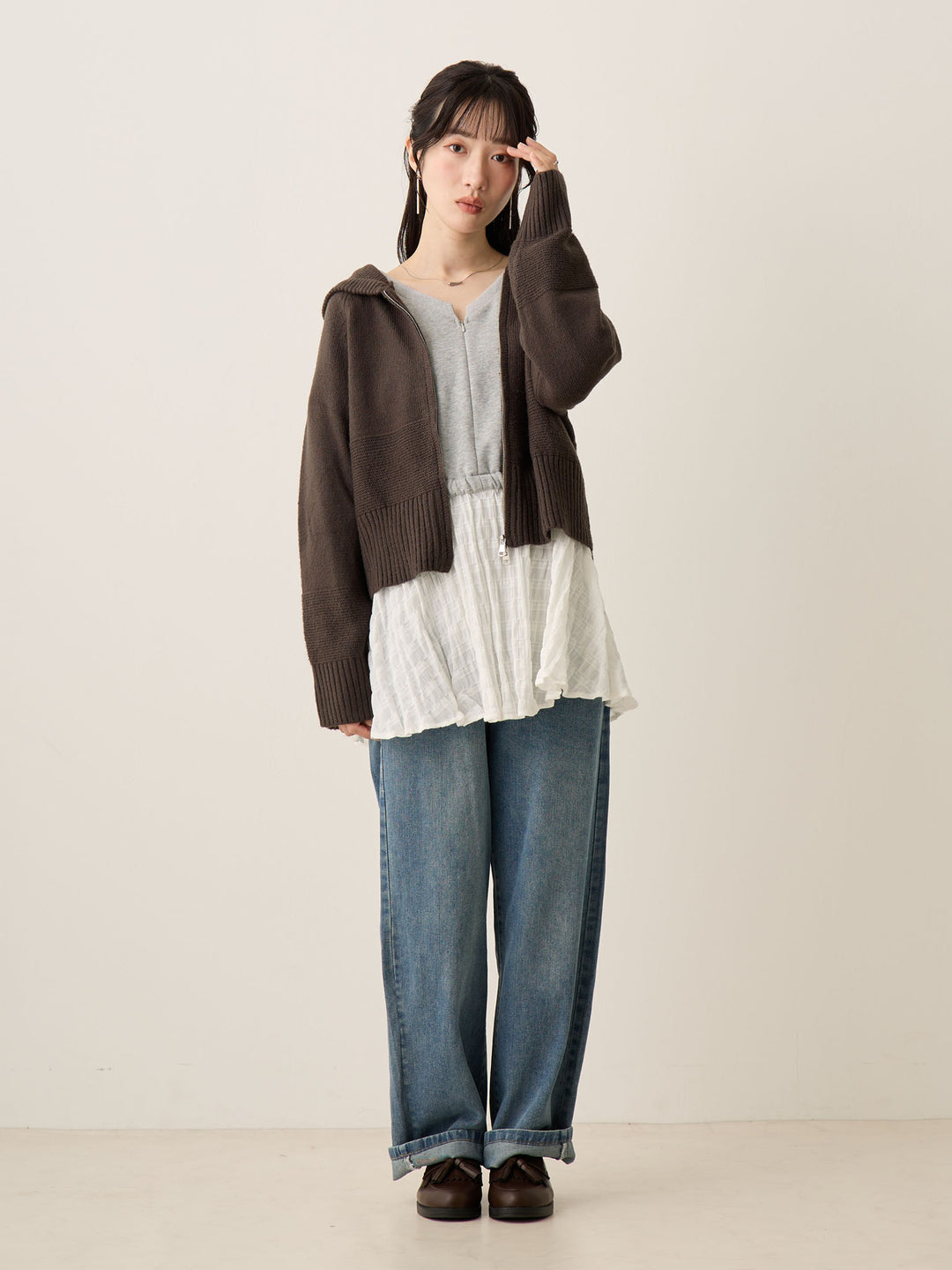 双拉链针织开衫 炭灰色