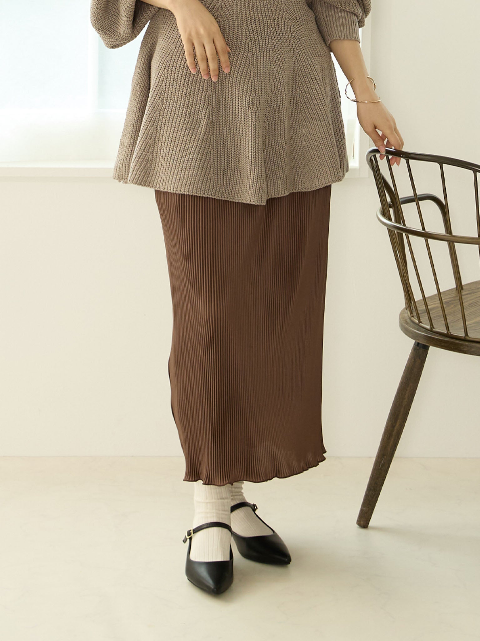 monoha シャーリングスカート　ロングスカート　ブラウンスカート monoha シャーリングスカート ロングスカート ブラウンスカート