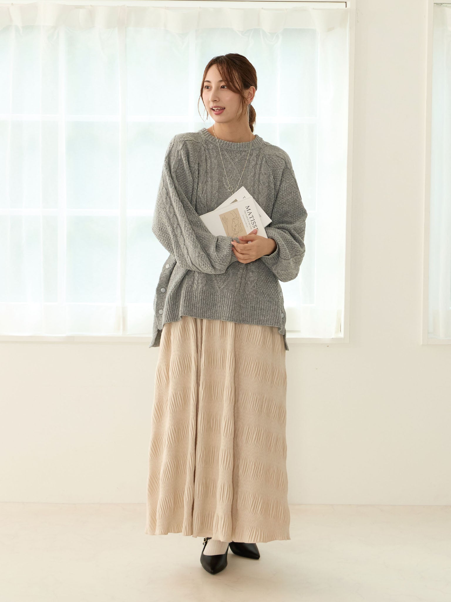 KIKONO アイボリー ケープ ケーブルニットトップス授乳ケープ一体型 Gray – honono for mom&baby