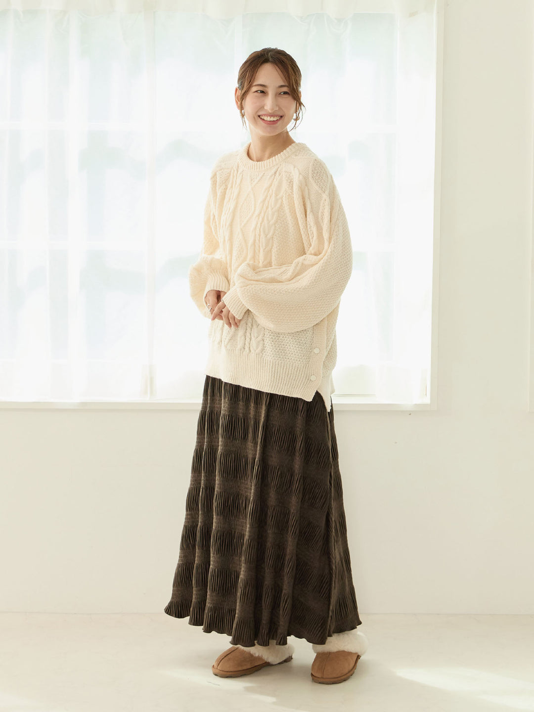 天鹅绒褶皱百褶裙，深棕色