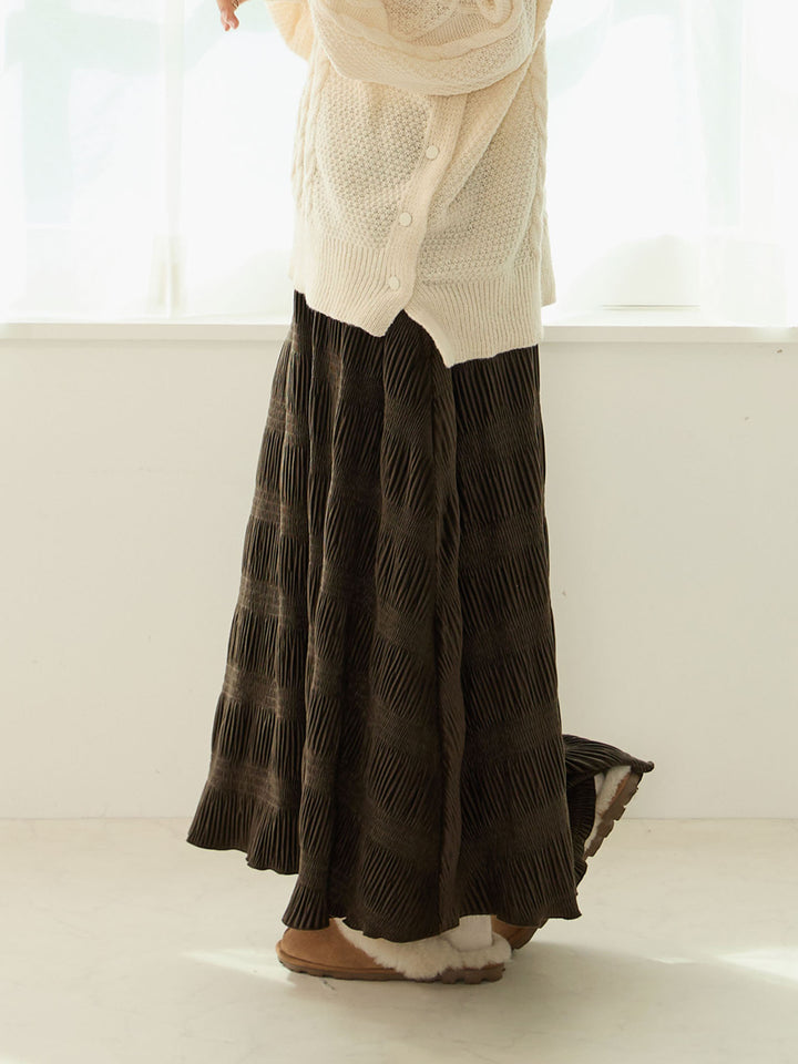 天鹅绒褶皱百褶裙，深棕色