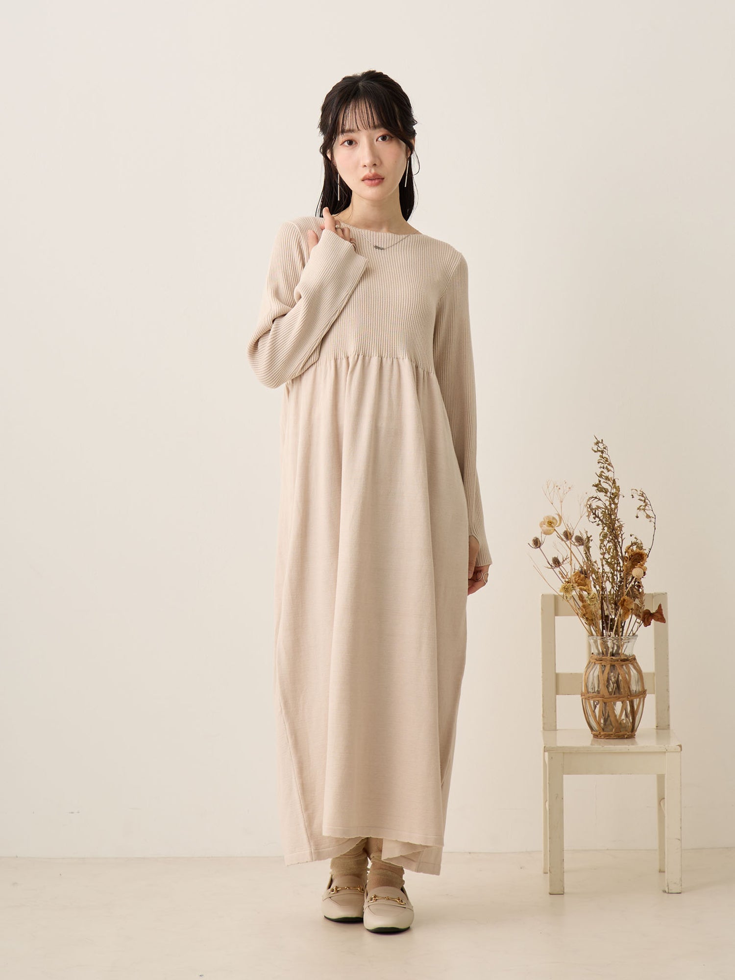 リブニットフレアワンピース Beige