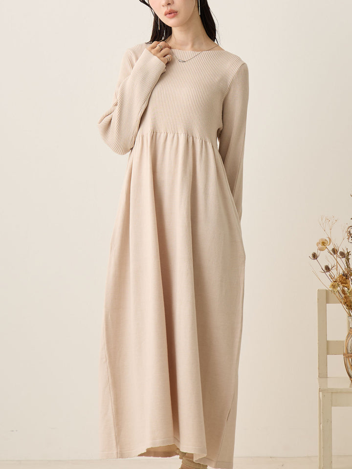 罗纹针织喇叭裙，米色