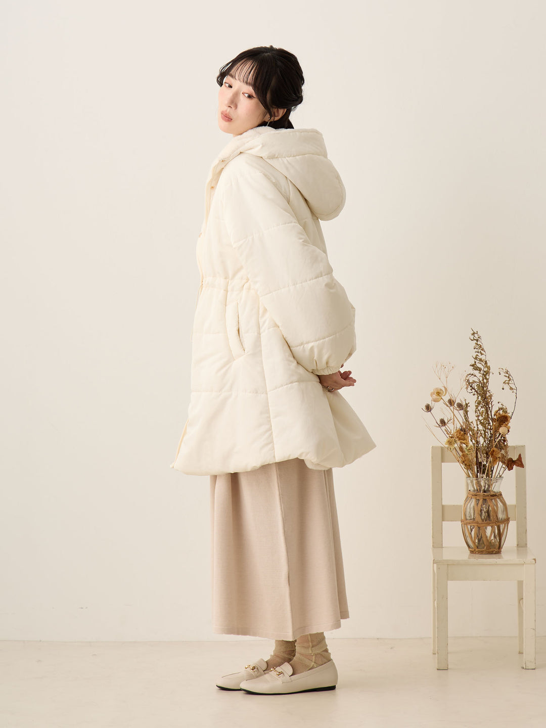 罗纹针织喇叭裙，米色