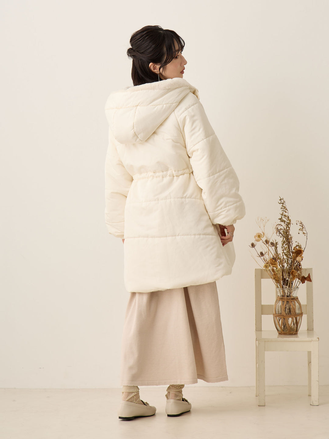 罗纹针织喇叭裙，米色