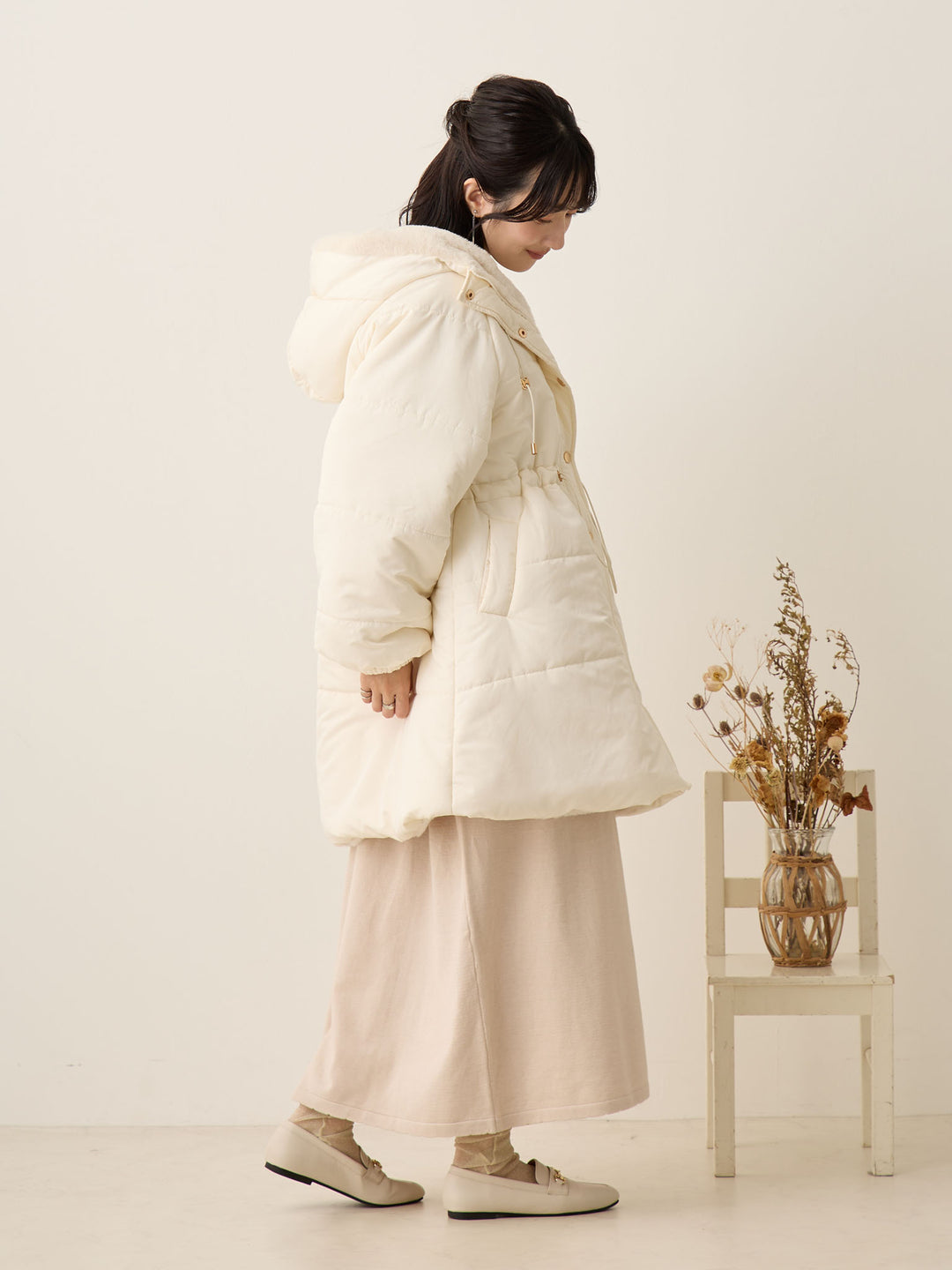 罗纹针织喇叭裙，米色