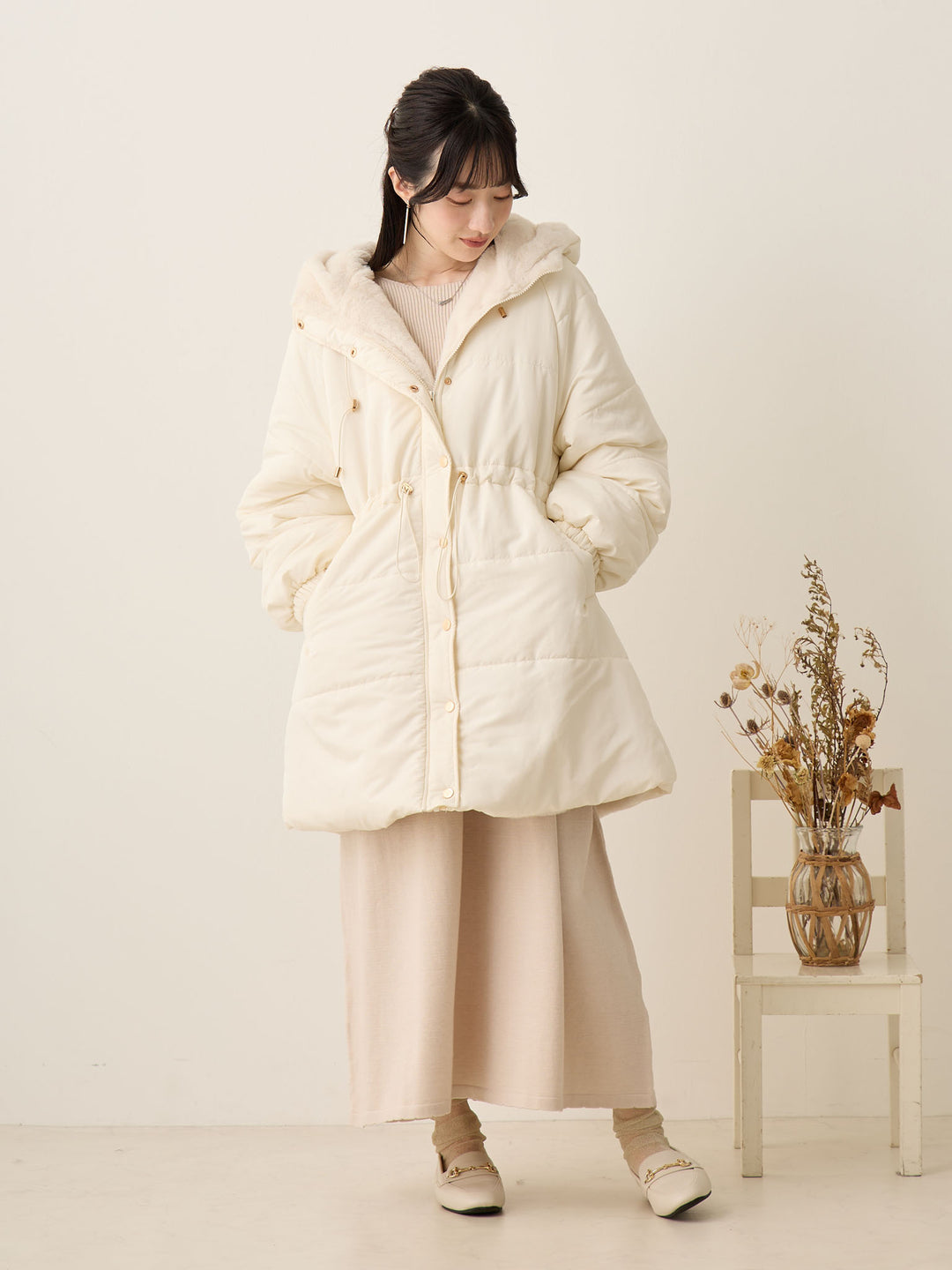 罗纹针织喇叭裙，米色