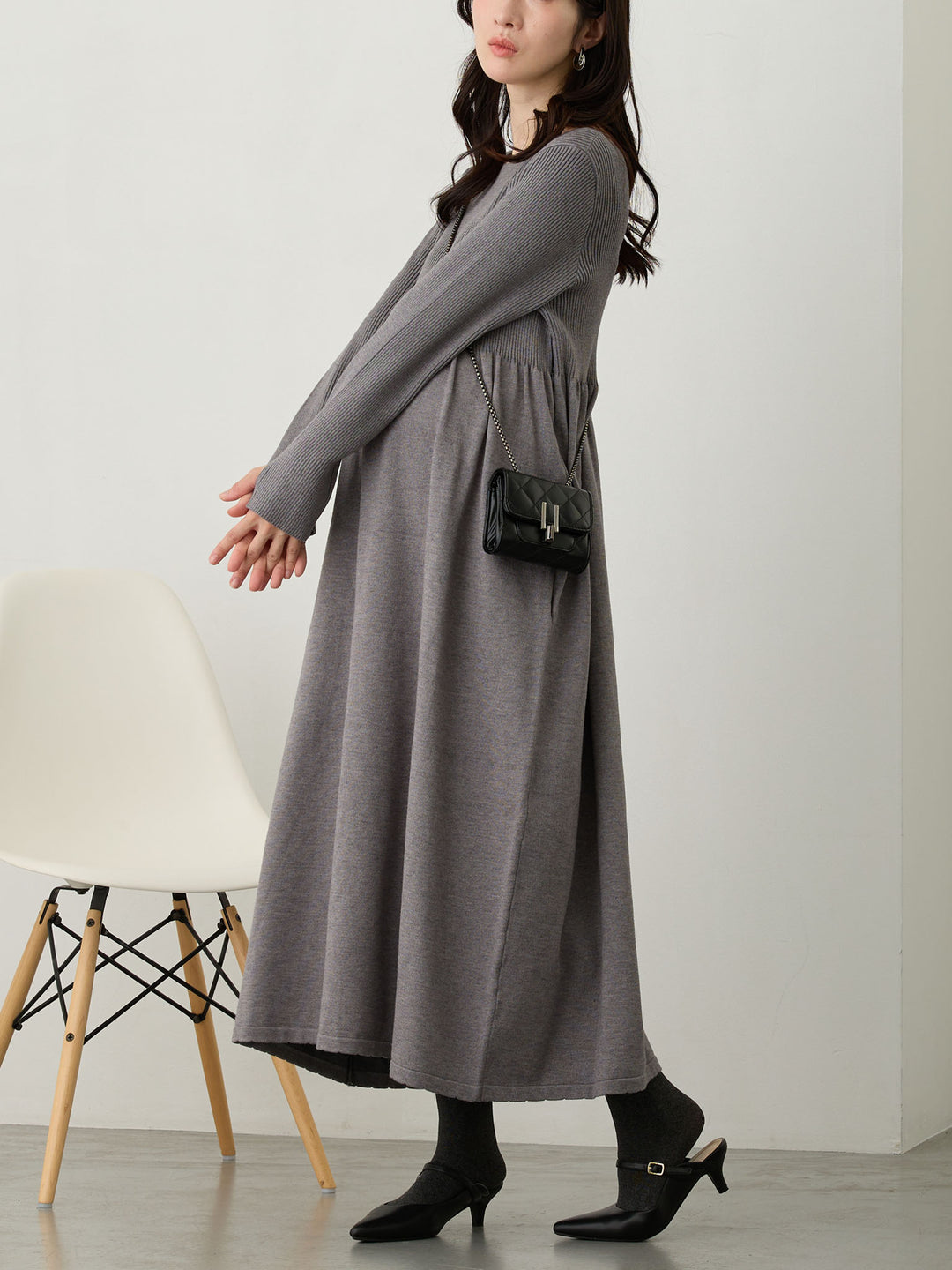 リブニットフレアワンピース Gray