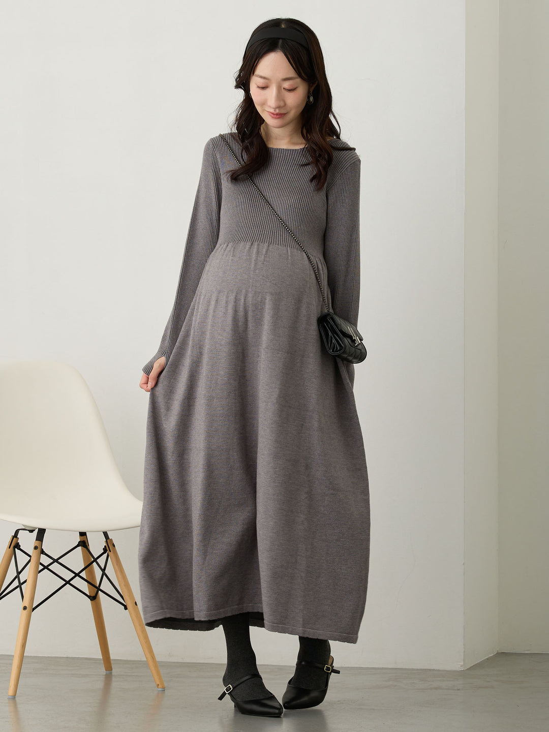 リブニットフレアワンピース Gray