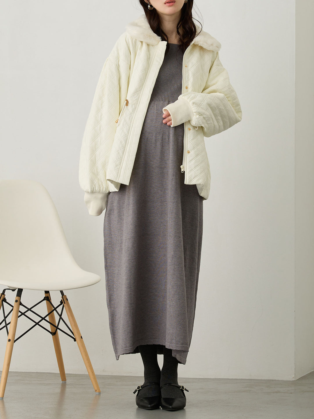 リブニットフレアワンピース Gray