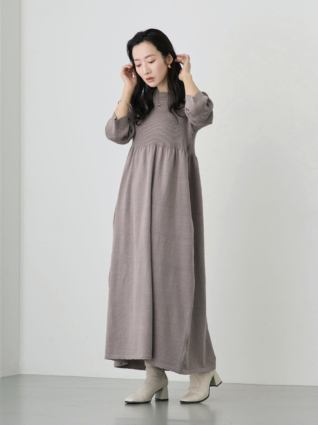 罗纹针织喇叭裙 灰色