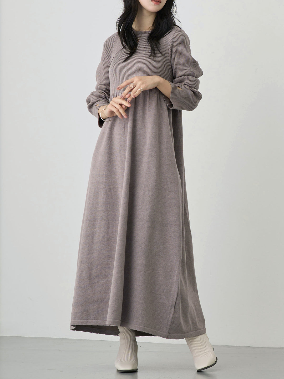 罗纹针织喇叭裙 灰色