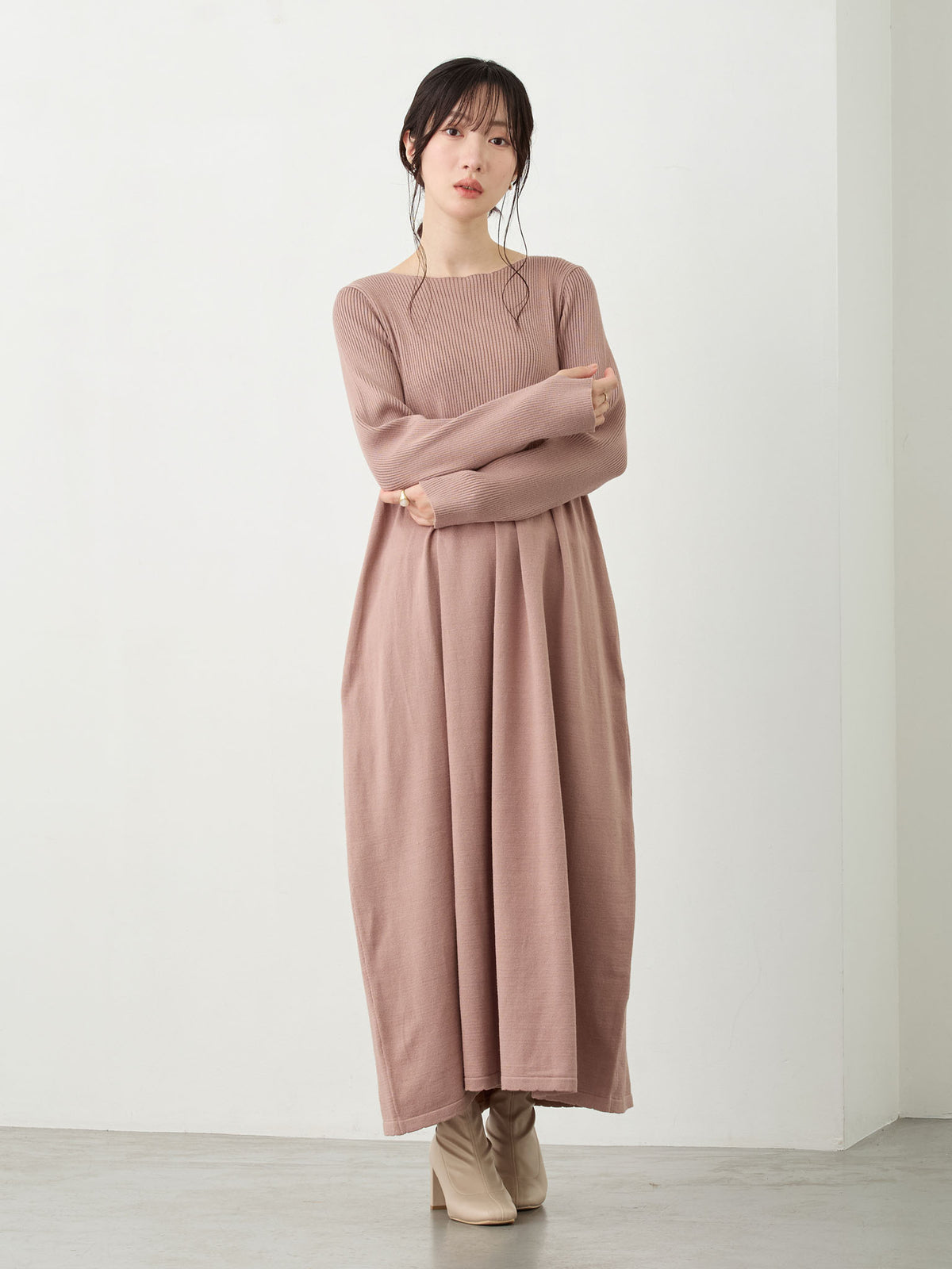 リブニットフレアワンピース Pink beige
