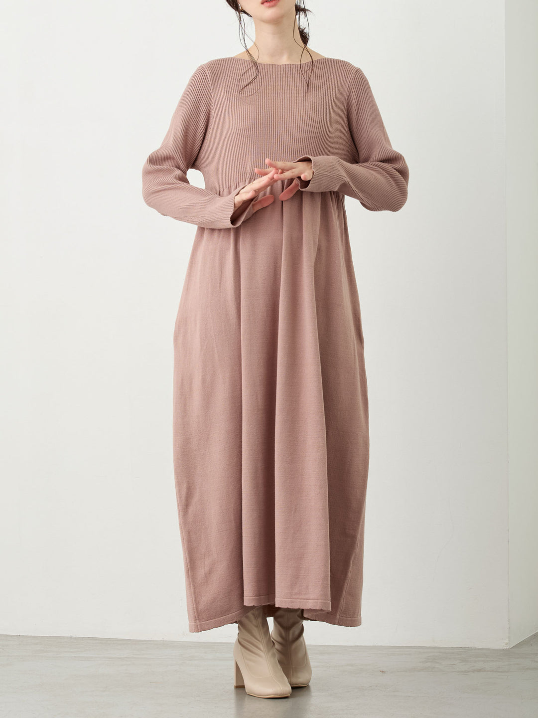 リブニットフレアワンピース Pink beige