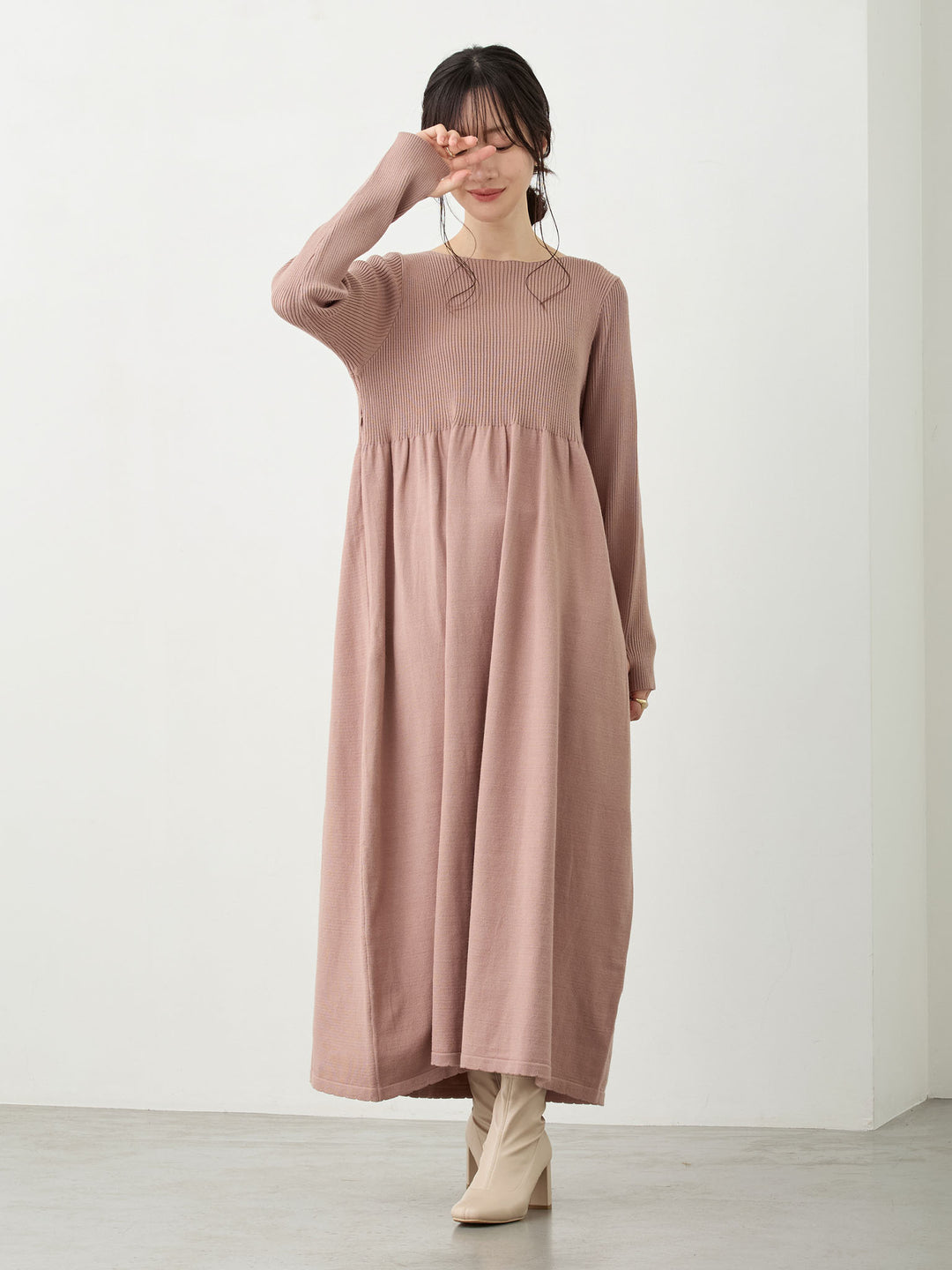 リブニットフレアワンピース Pink beige