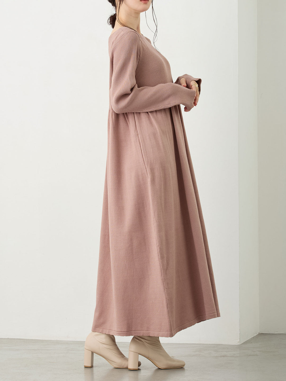 リブニットフレアワンピース Pink beige