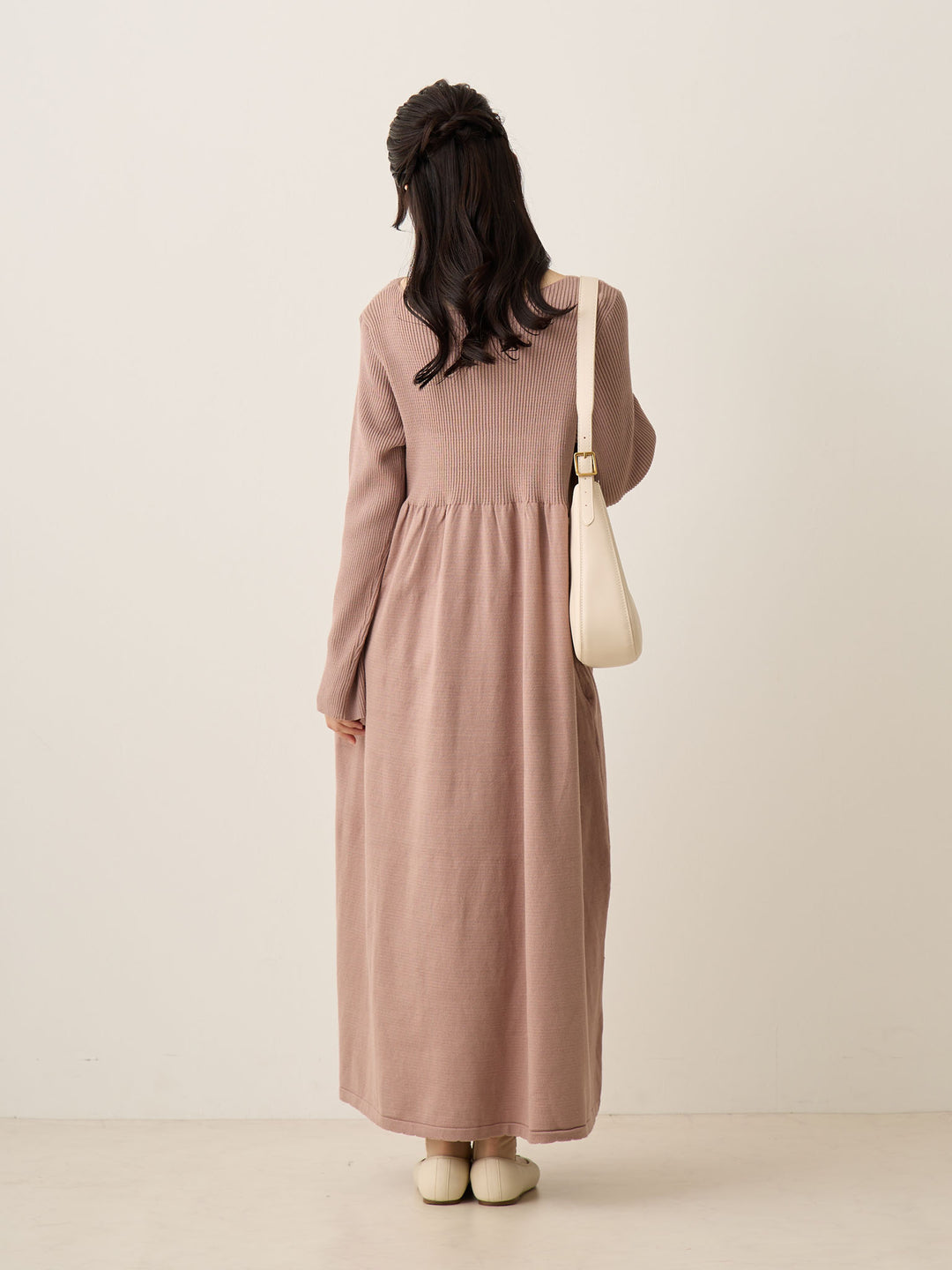 罗纹针织喇叭裙，米色