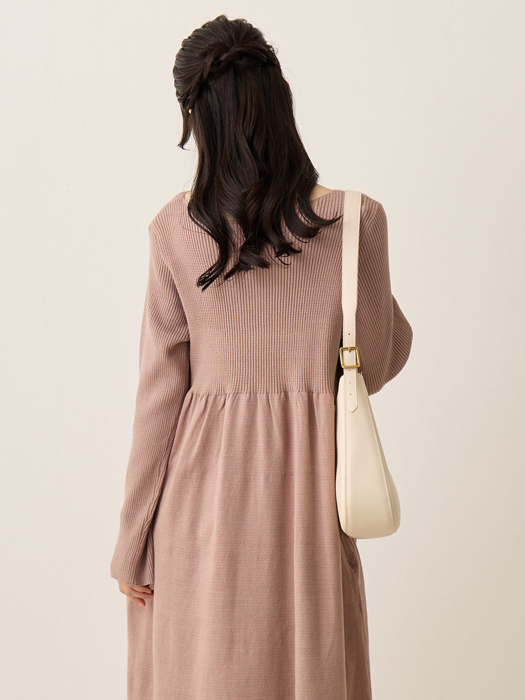 罗纹针织喇叭裙，米色