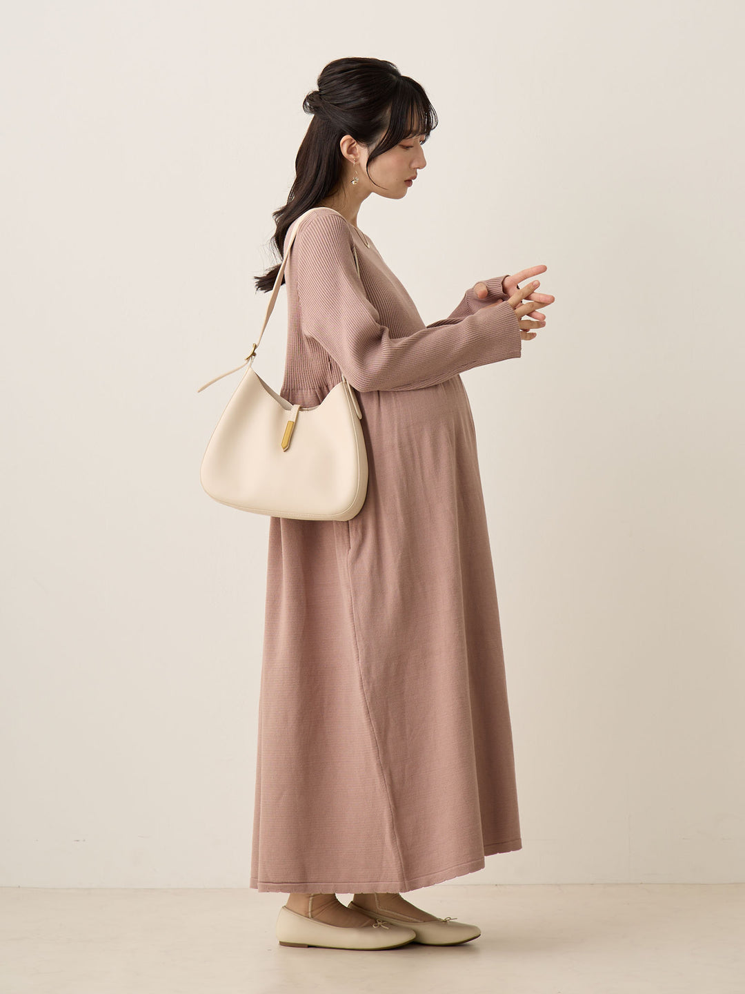 罗纹针织喇叭裙，米色