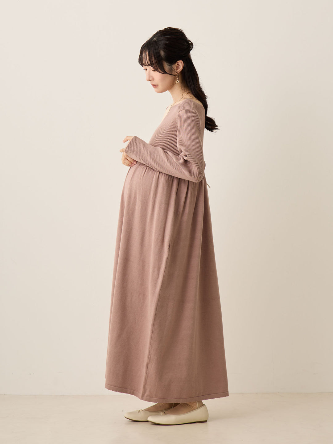 罗纹针织喇叭裙，米色