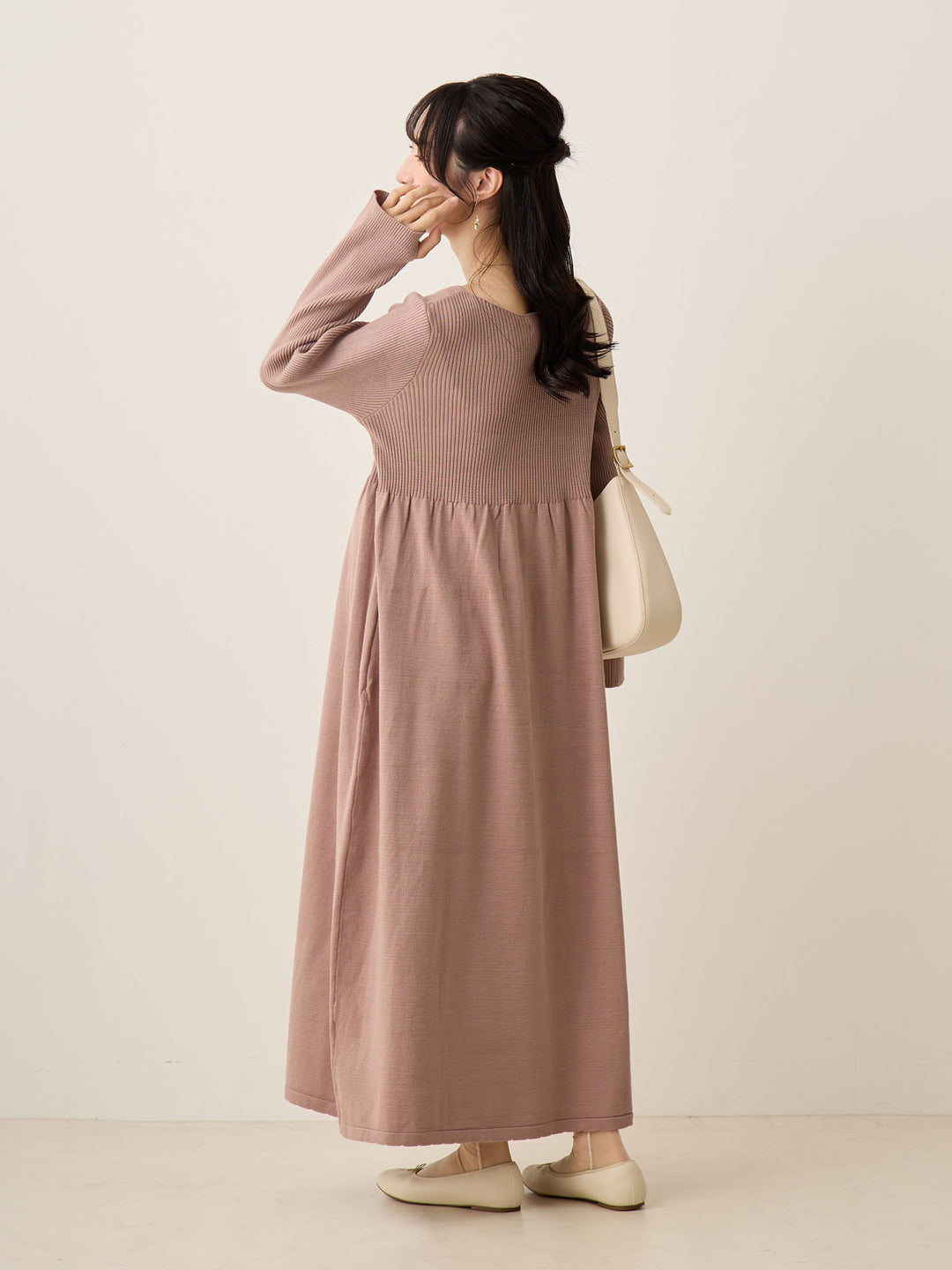 罗纹针织喇叭裙，米色