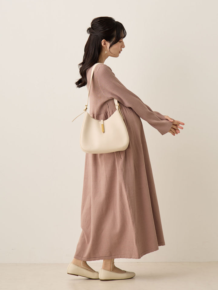 罗纹针织喇叭裙，米色