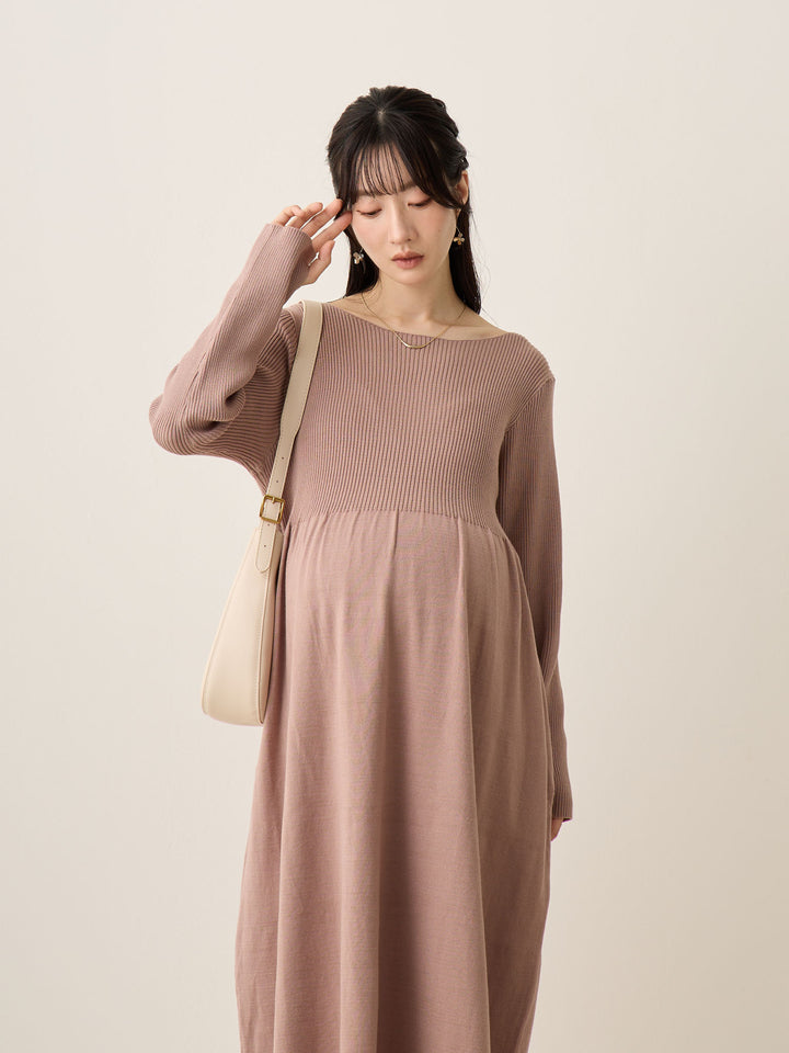 罗纹针织喇叭裙，米色