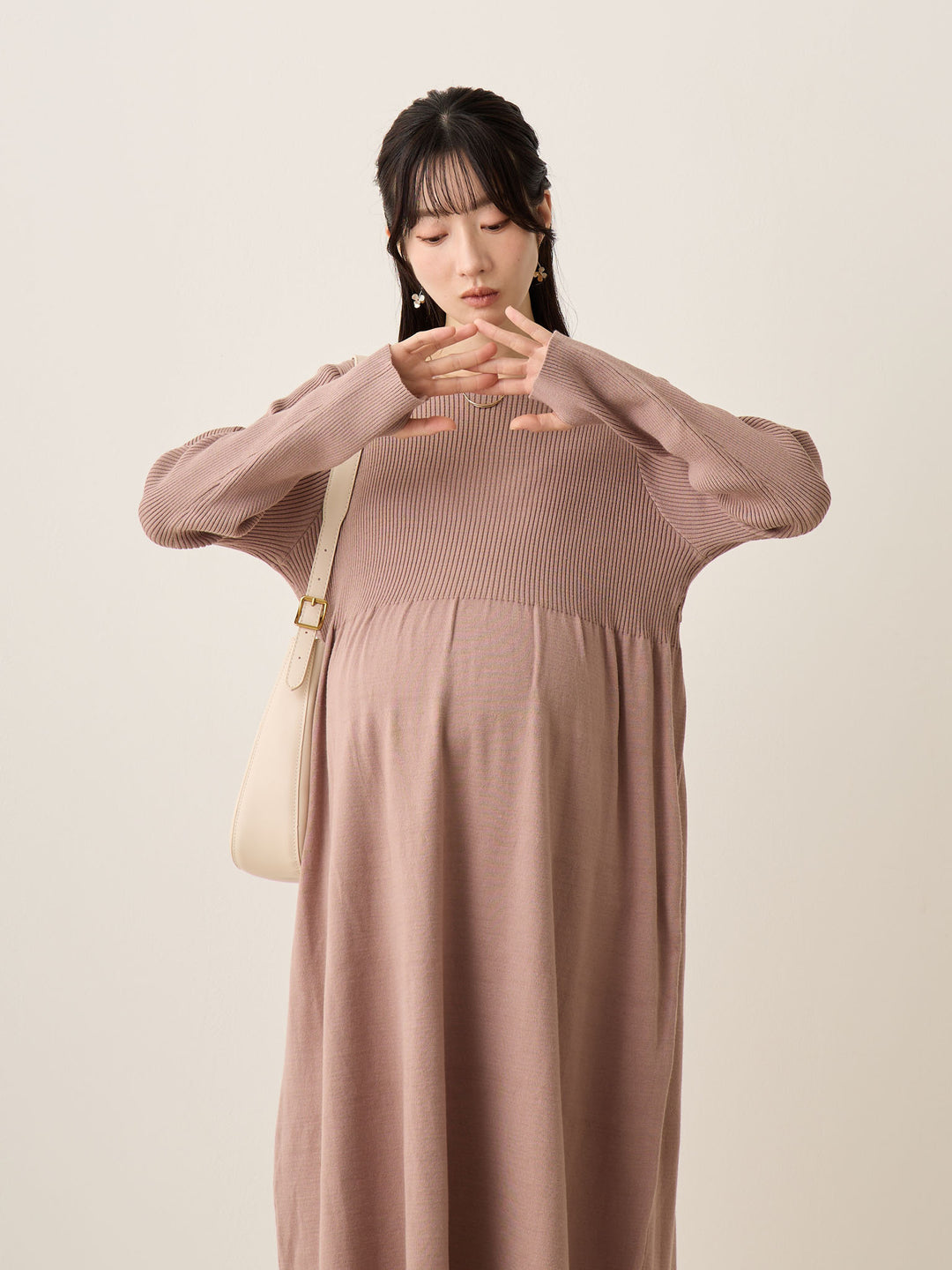 罗纹针织喇叭裙，米色