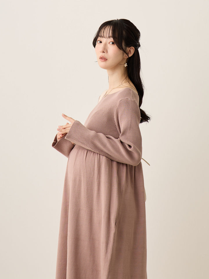 罗纹针织喇叭裙，米色