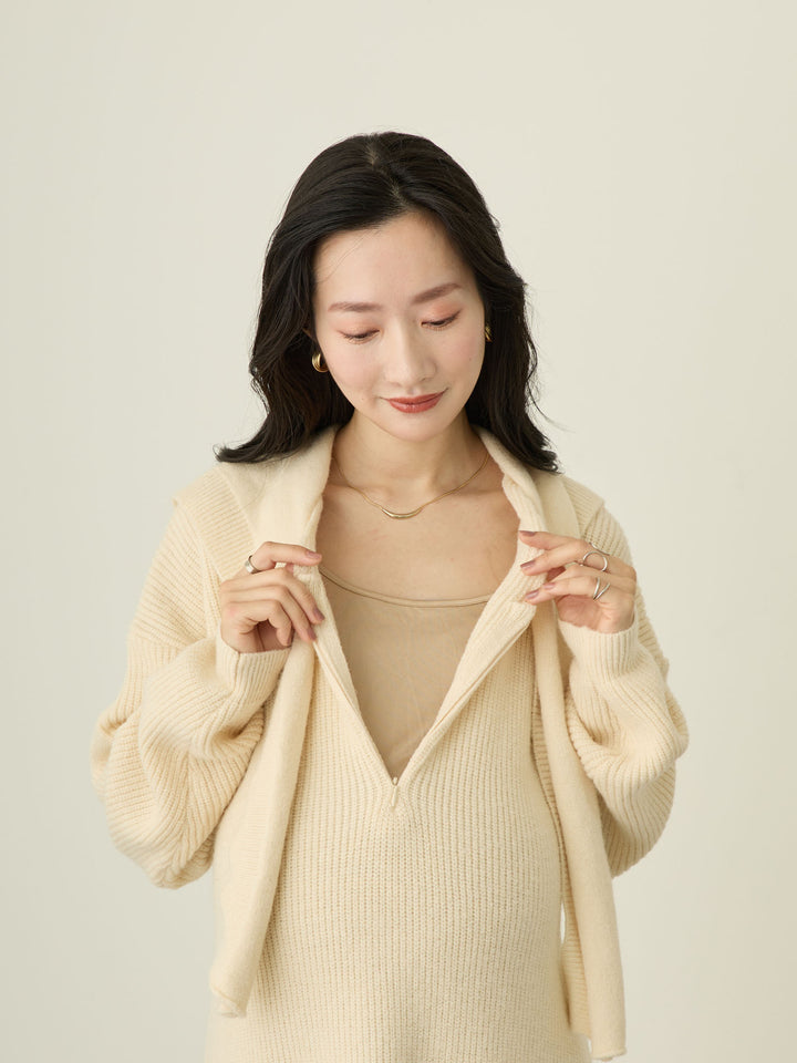 带围巾的连帽针织连衣裙，灰色