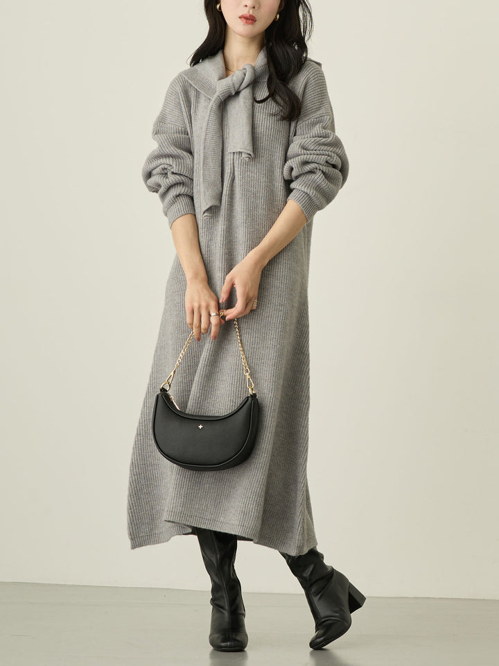 带围巾的连帽针织连衣裙，灰色