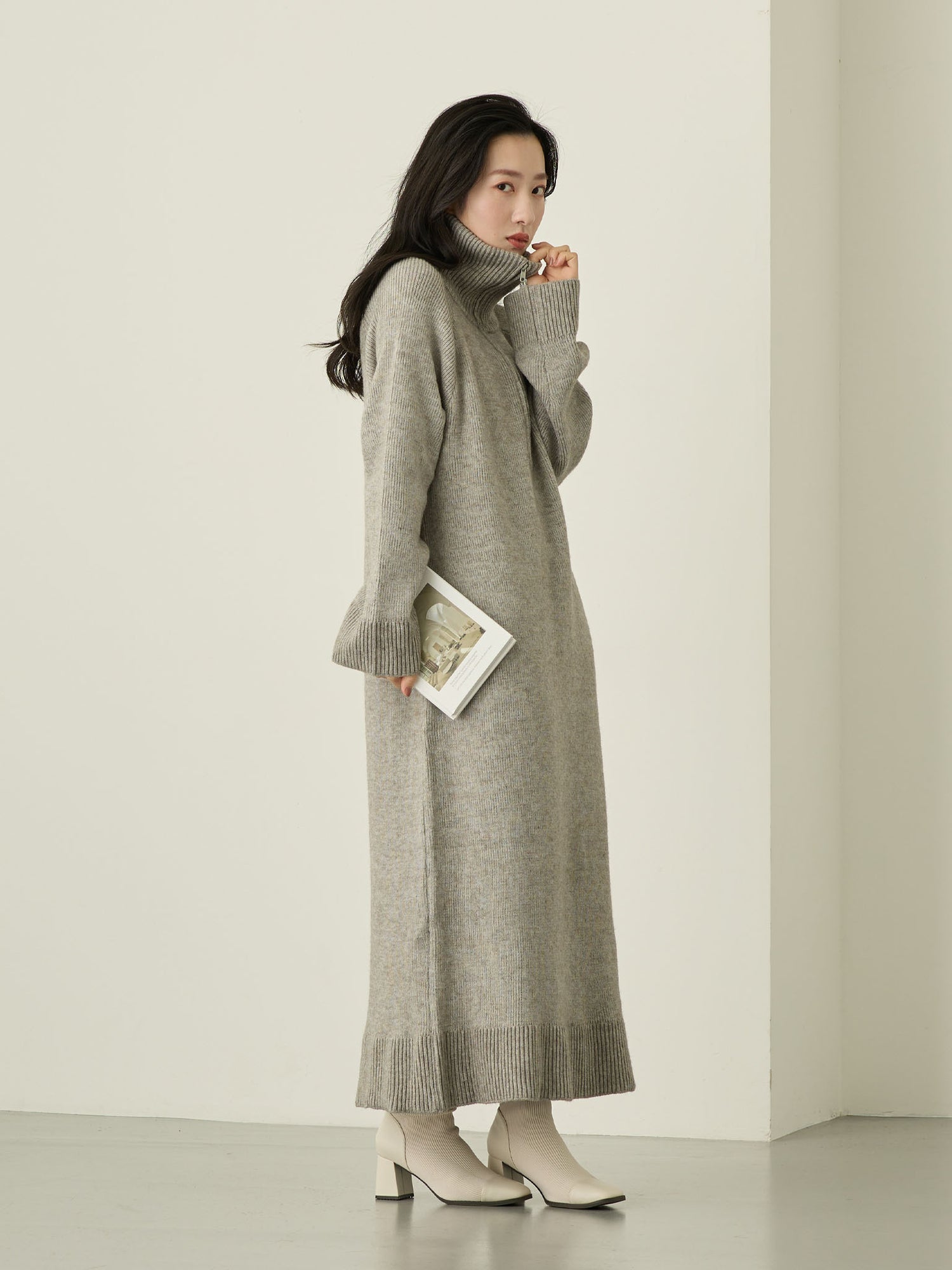 ハーフジップニットワンピース Gray