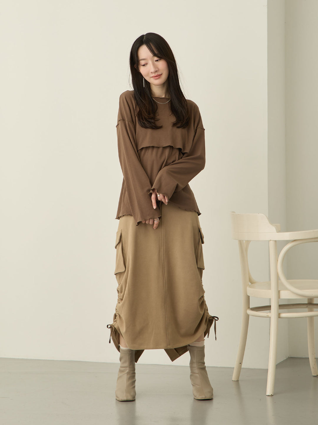 羊毛工装裙，米色