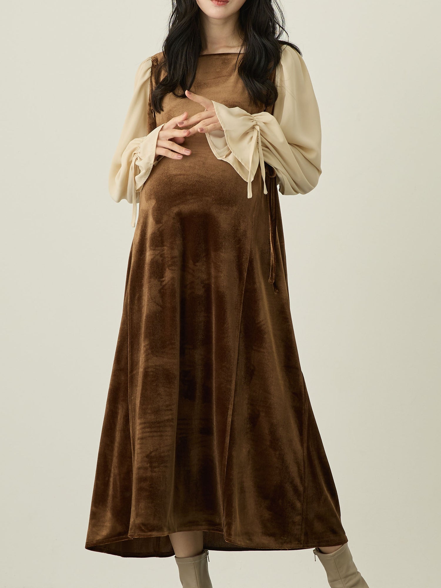 ベロア切り替えリボンワンピース Brown