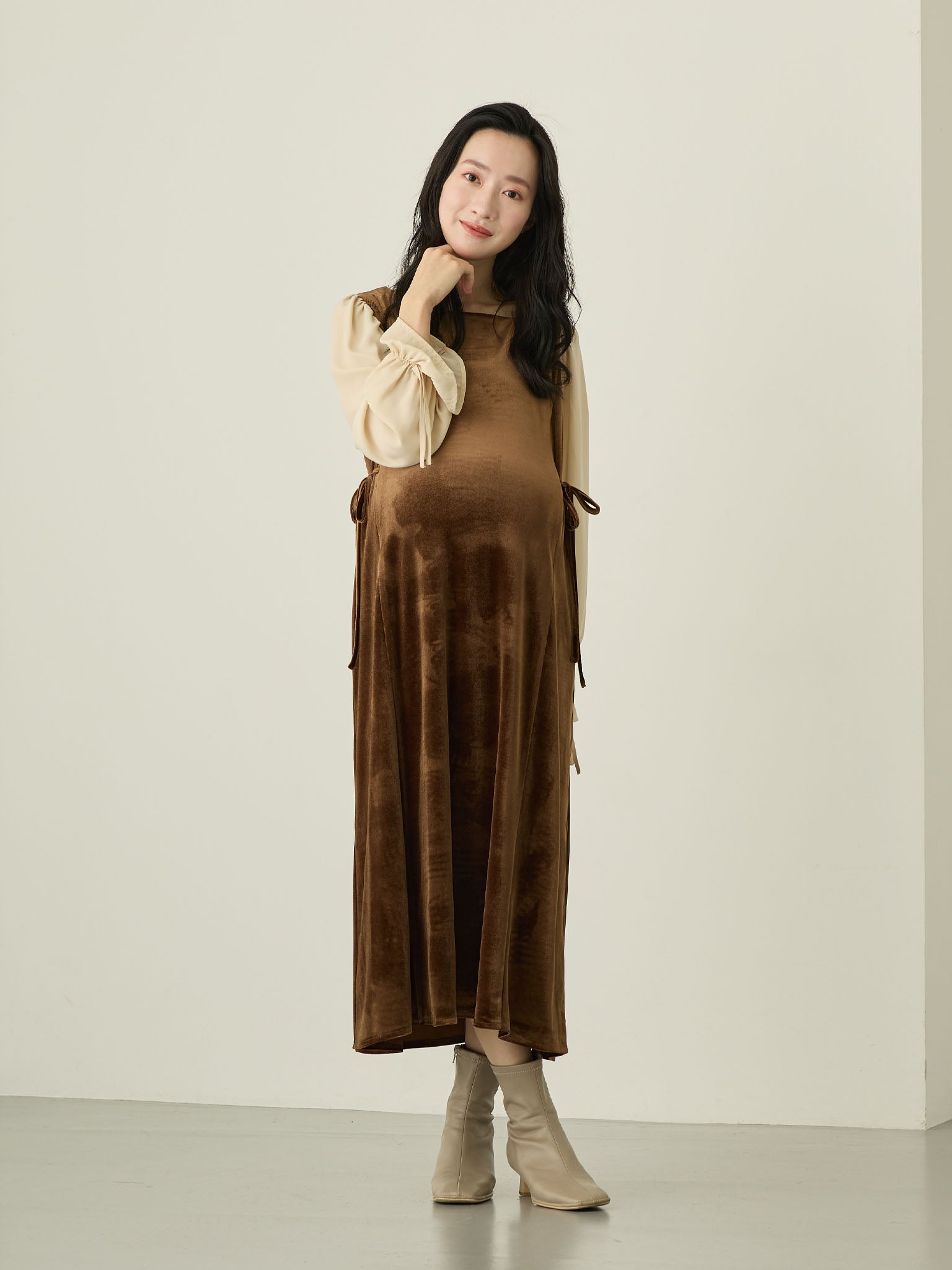 ベロア切り替えリボンワンピース Brown – honono for mom&baby