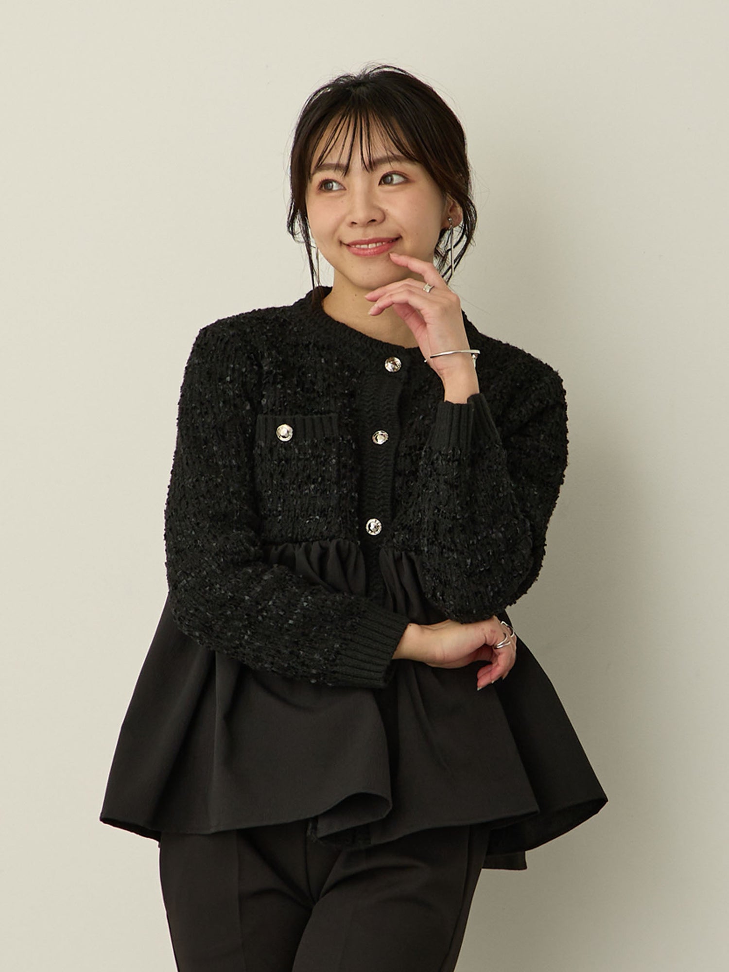【マタニティ・授乳服】セレモニー対応・ツイード風ペプラムニットジャケット Black