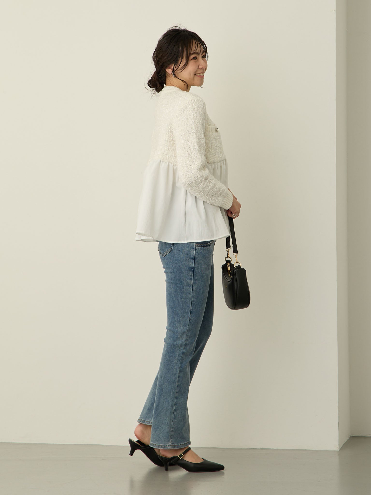 セレモニー対応・ツイード風ペプラムニットジャケット Ecru – honono