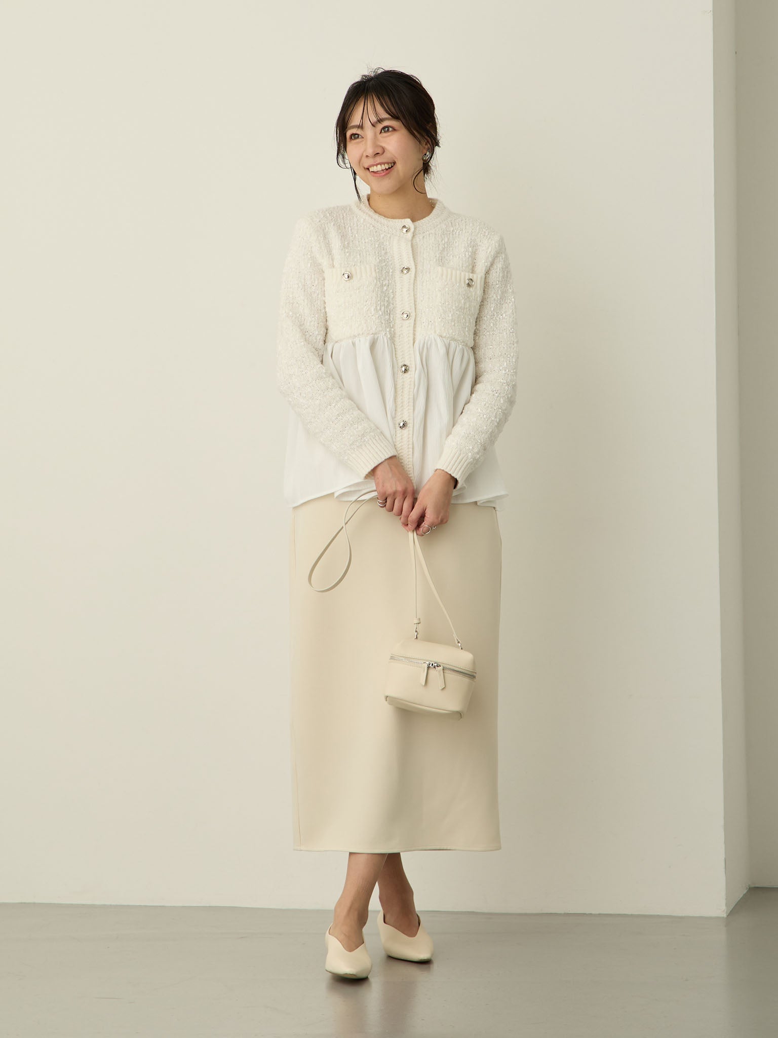 セレモニー対応・ツイード風ペプラムニットジャケット Ecru – honono