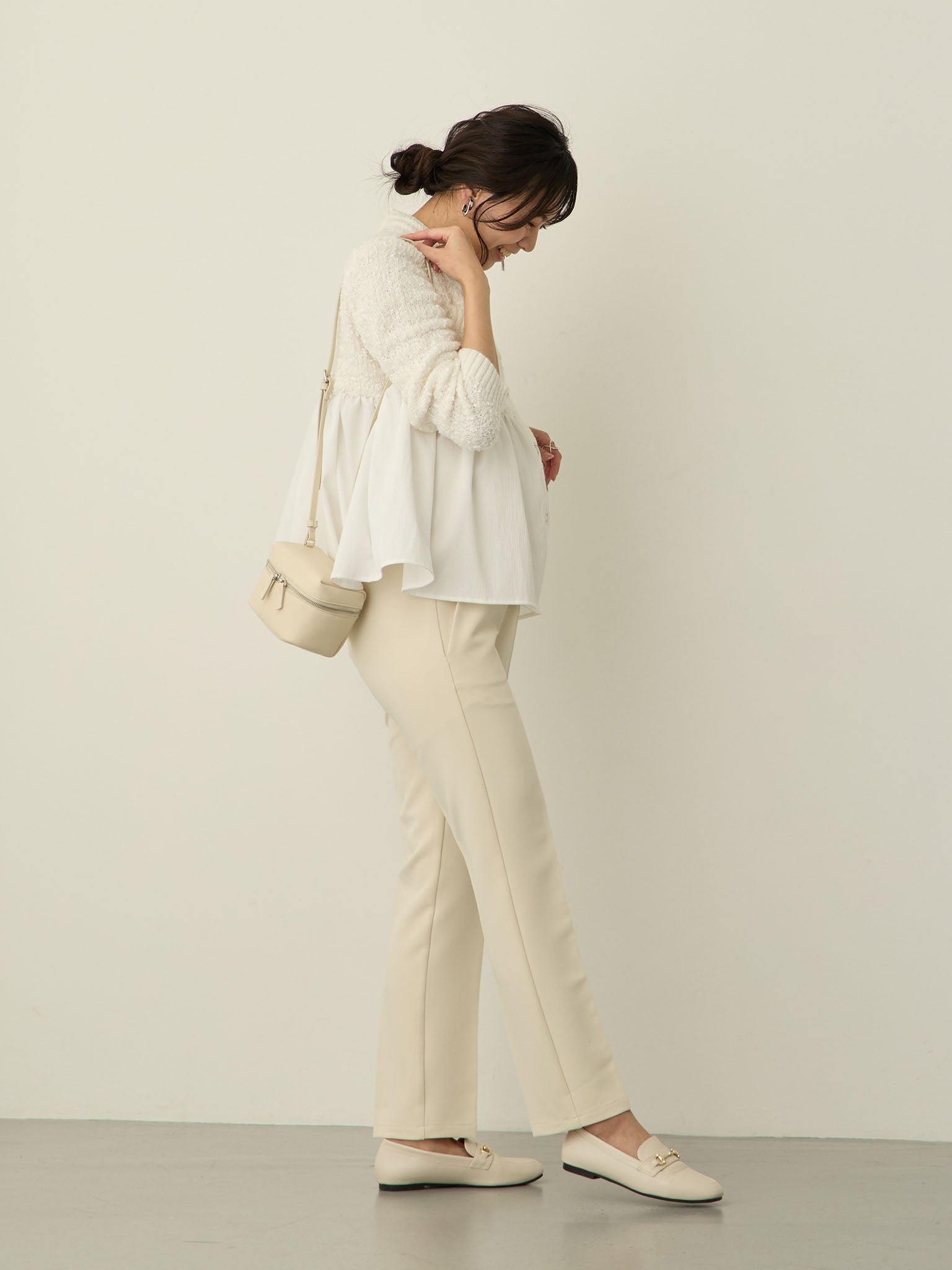 セレモニー対応・ツイード風ペプラムニットジャケット Ecru – honono