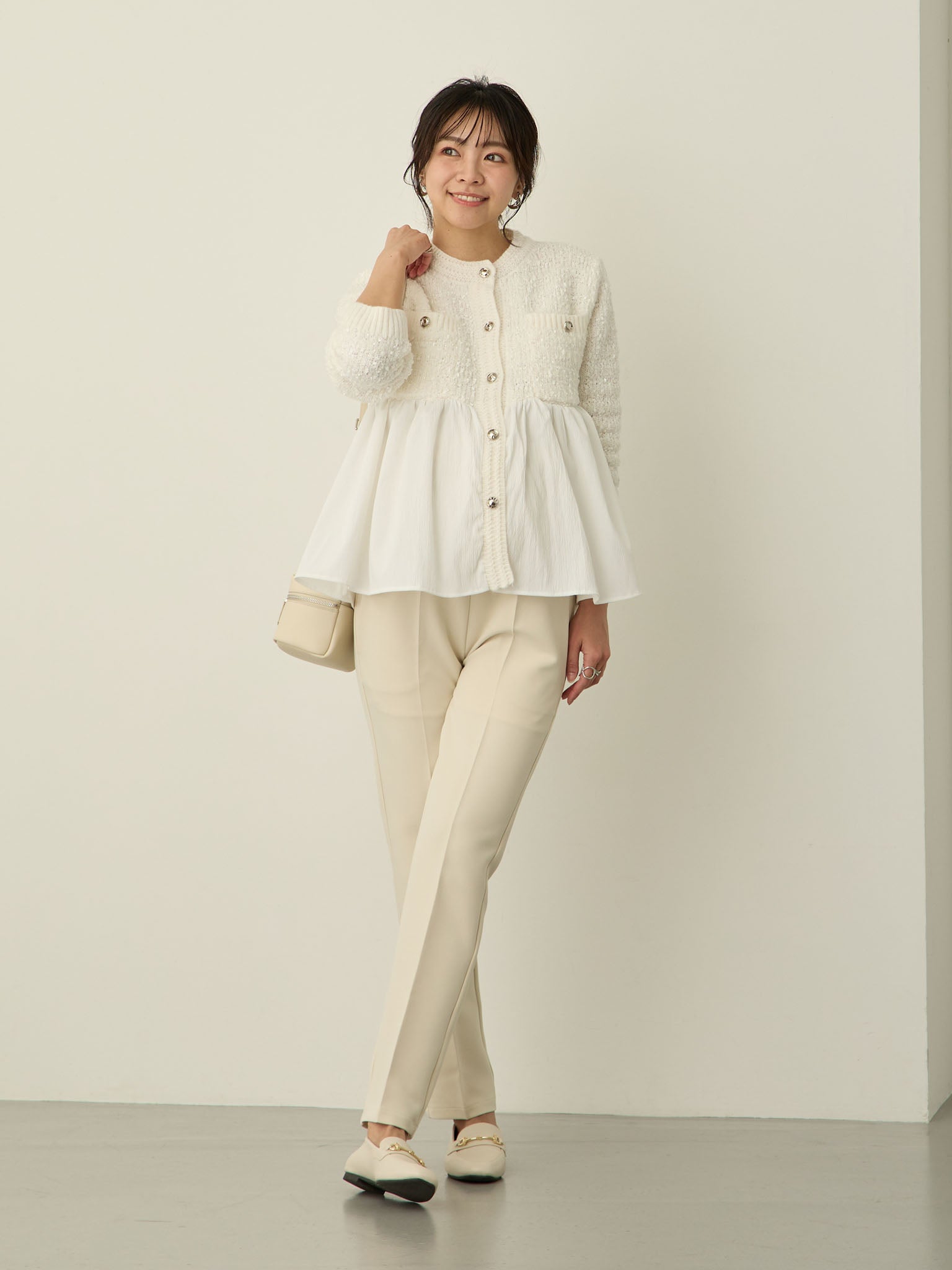 セレモニー対応・ツイード風ペプラムニットジャケット Ecru – honono