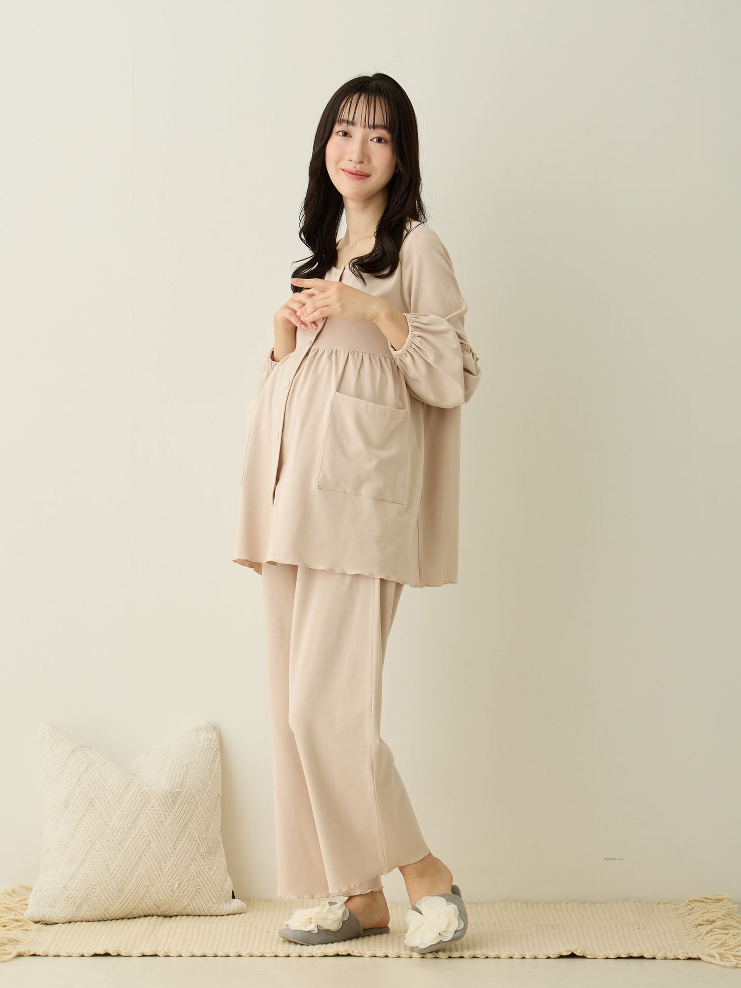 [孕妇/哺乳衣] 房间套装带肚兜 灰粉色