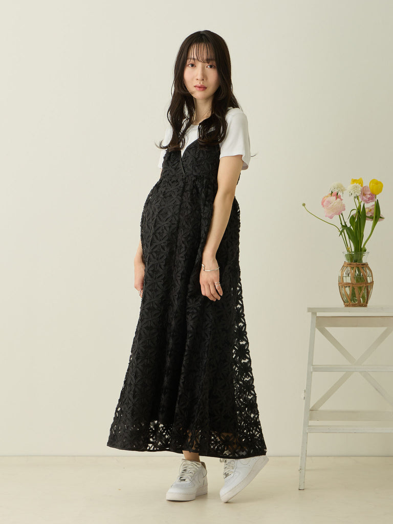 マタニティ・授乳服】フラワーレースキャミワンピース Black マタニティ・授乳服】フラワーレースキャミワンピース Black