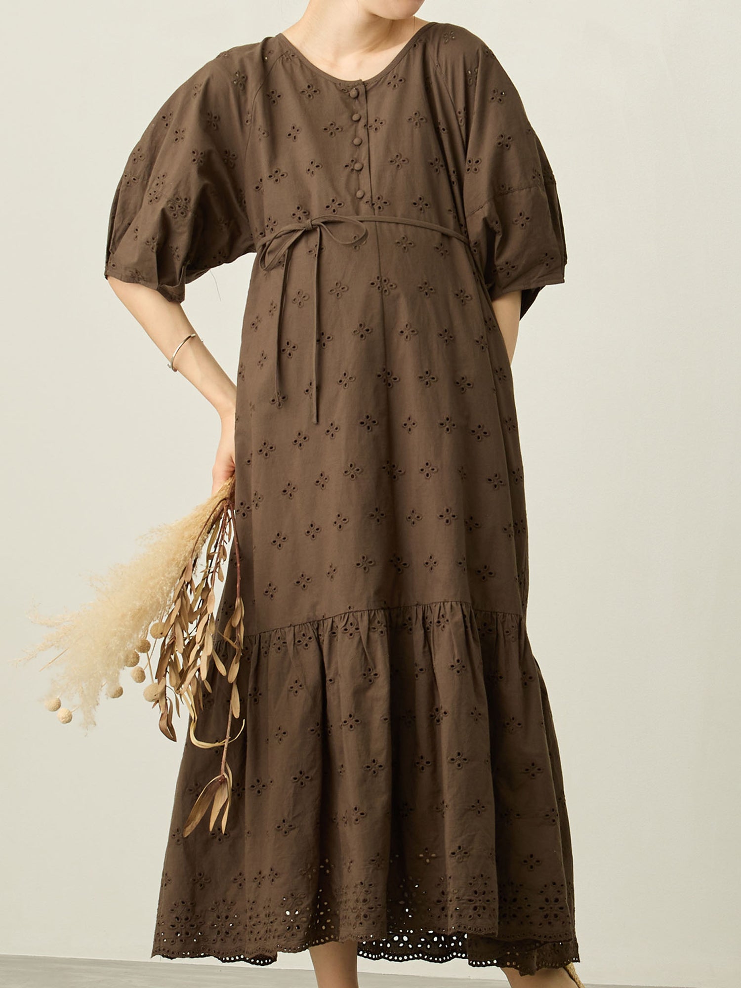 【マタニティ・授乳服】コットンレースワンピース Brown