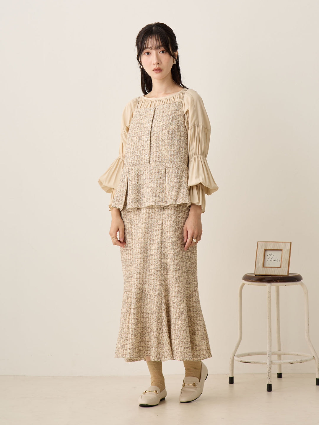 粗花呢吊带连衣裙，米色