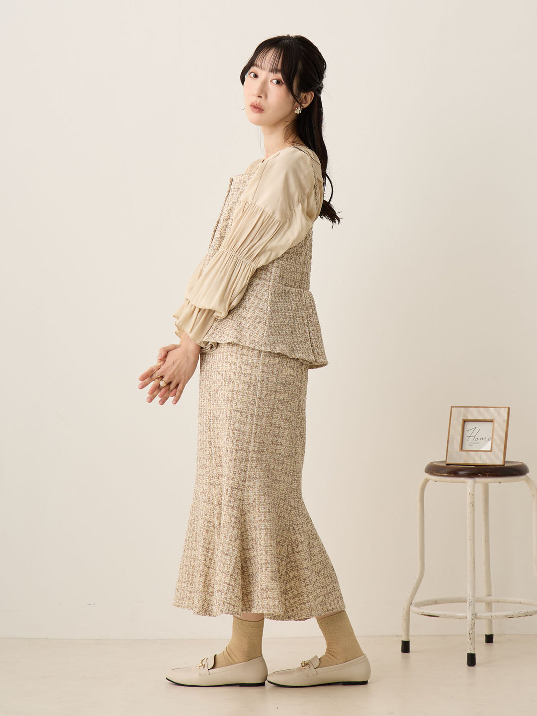 粗花呢吊带连衣裙，米色