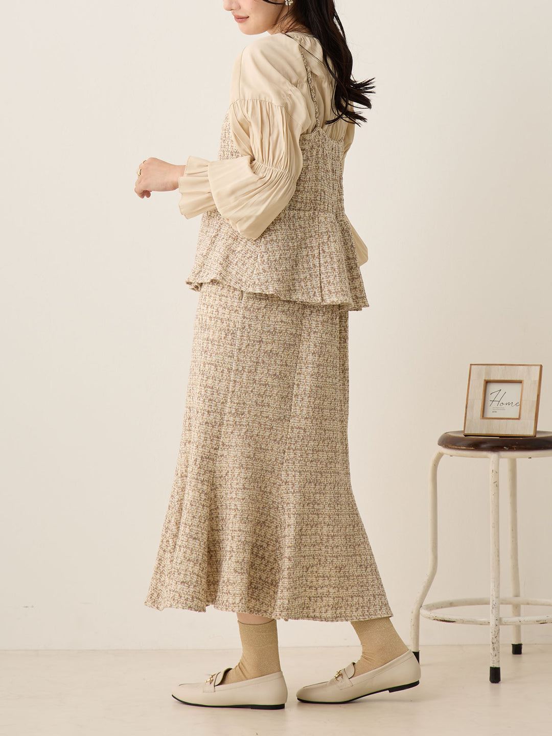 粗花呢吊带连衣裙，米色