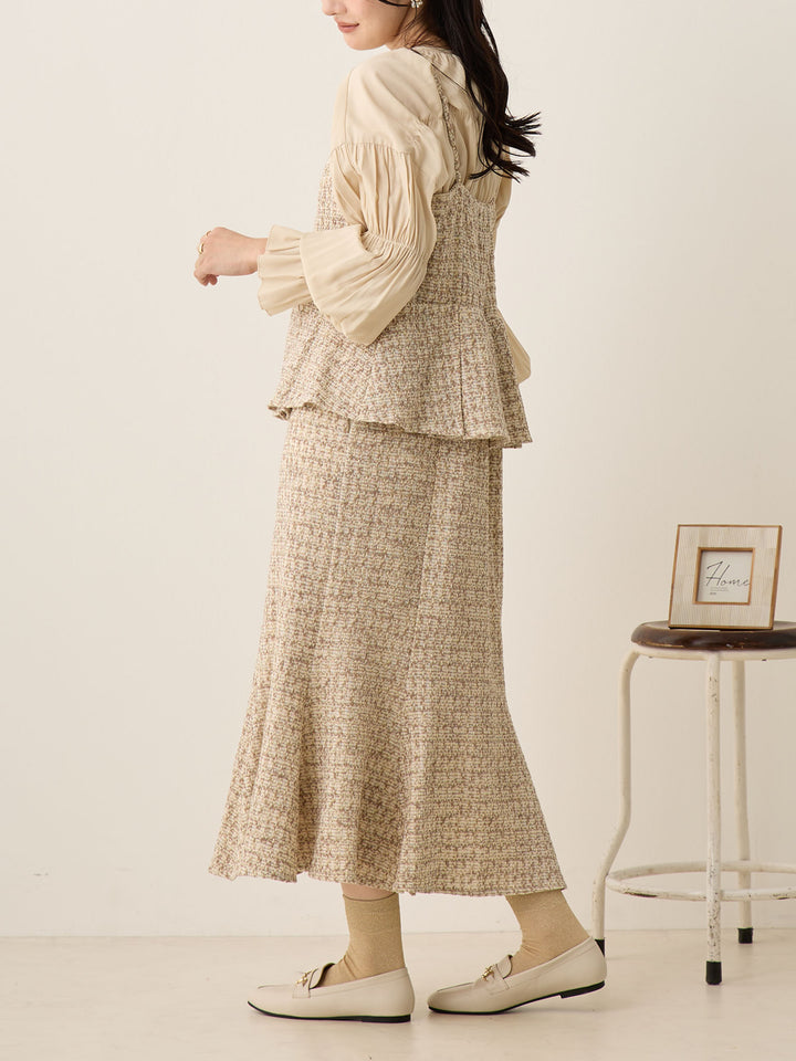 粗花呢吊带连衣裙，米色
